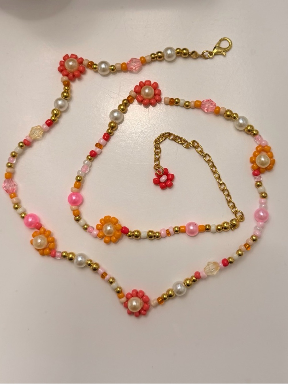 Handcrafted Pink & Orange Beaded Floral Necklace